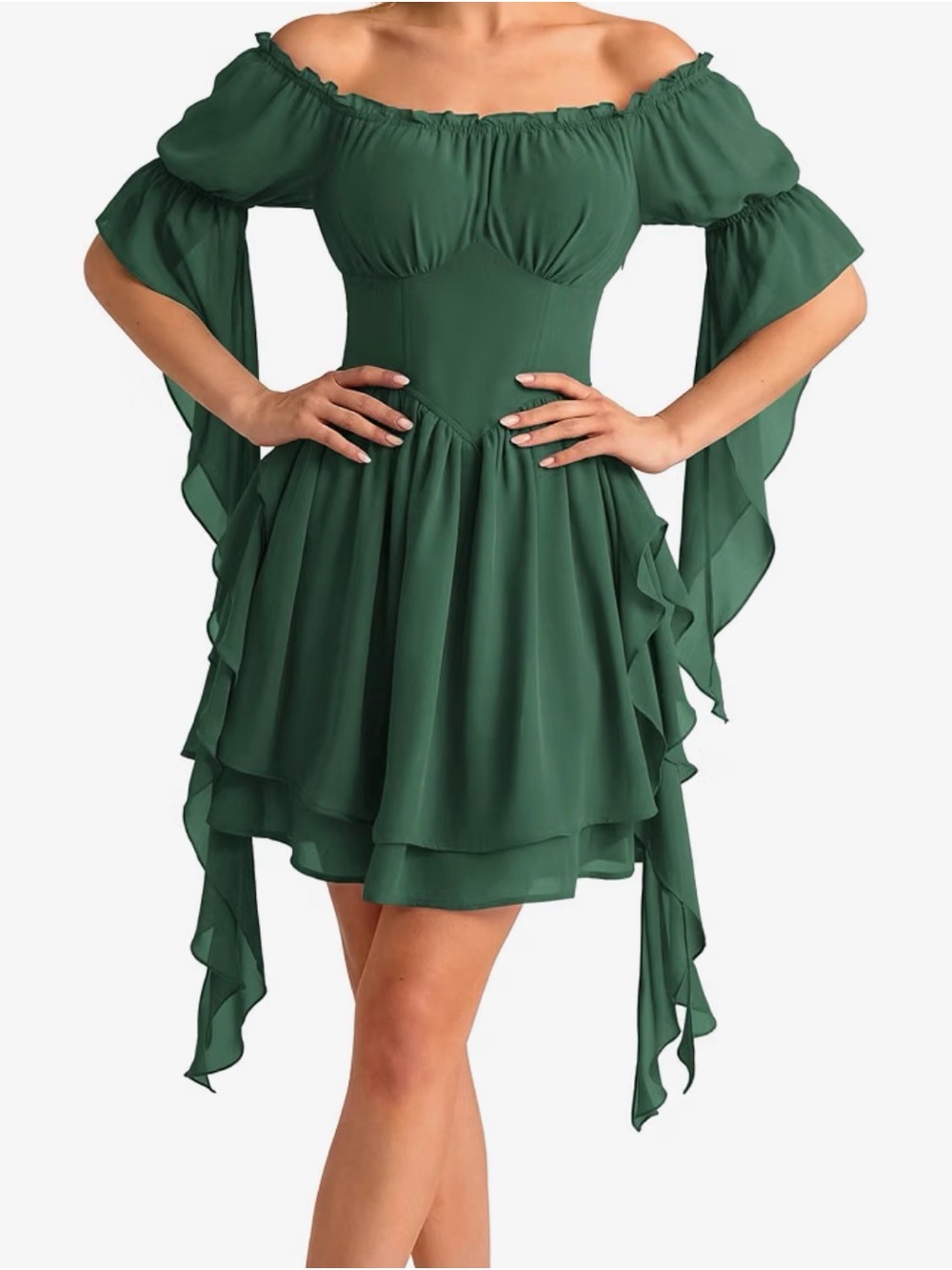 Scarlet Darkness Size L Off-Shoulder Forest Green Ruffled Mini Dress